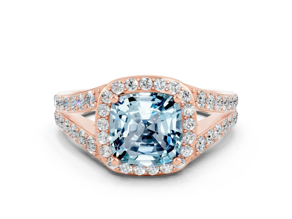 Rose gold Cushion Cut Aquamarine Split Shank Halo Ring with Four-Prong Setting