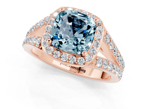 Rose gold Cushion Cut Aquamarine Split Shank Halo Ring with Four-Prong Setting_13