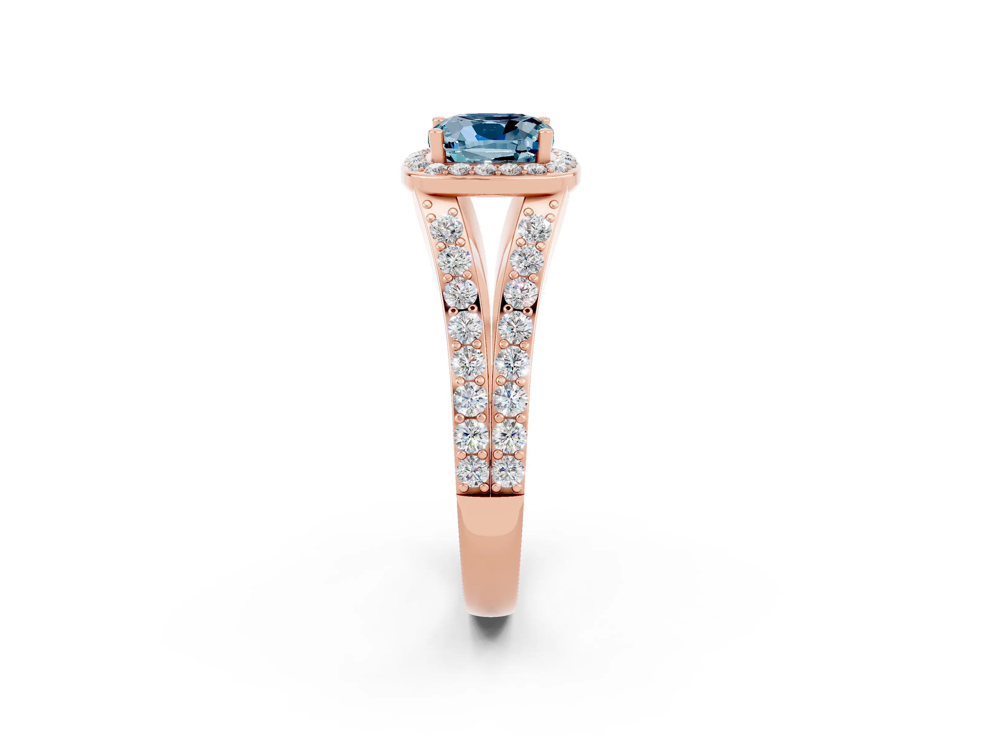 Rose gold Cushion Cut Aquamarine Split Shank Halo Ring with Four-Prong Setting_14