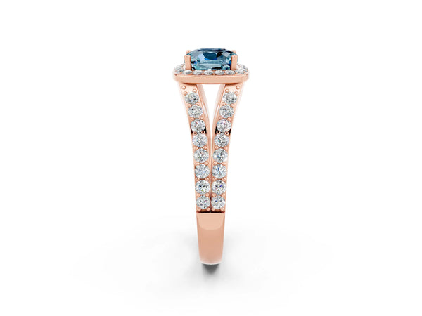 Rose gold Cushion Cut Aquamarine Split Shank Halo Ring with Four-Prong Setting