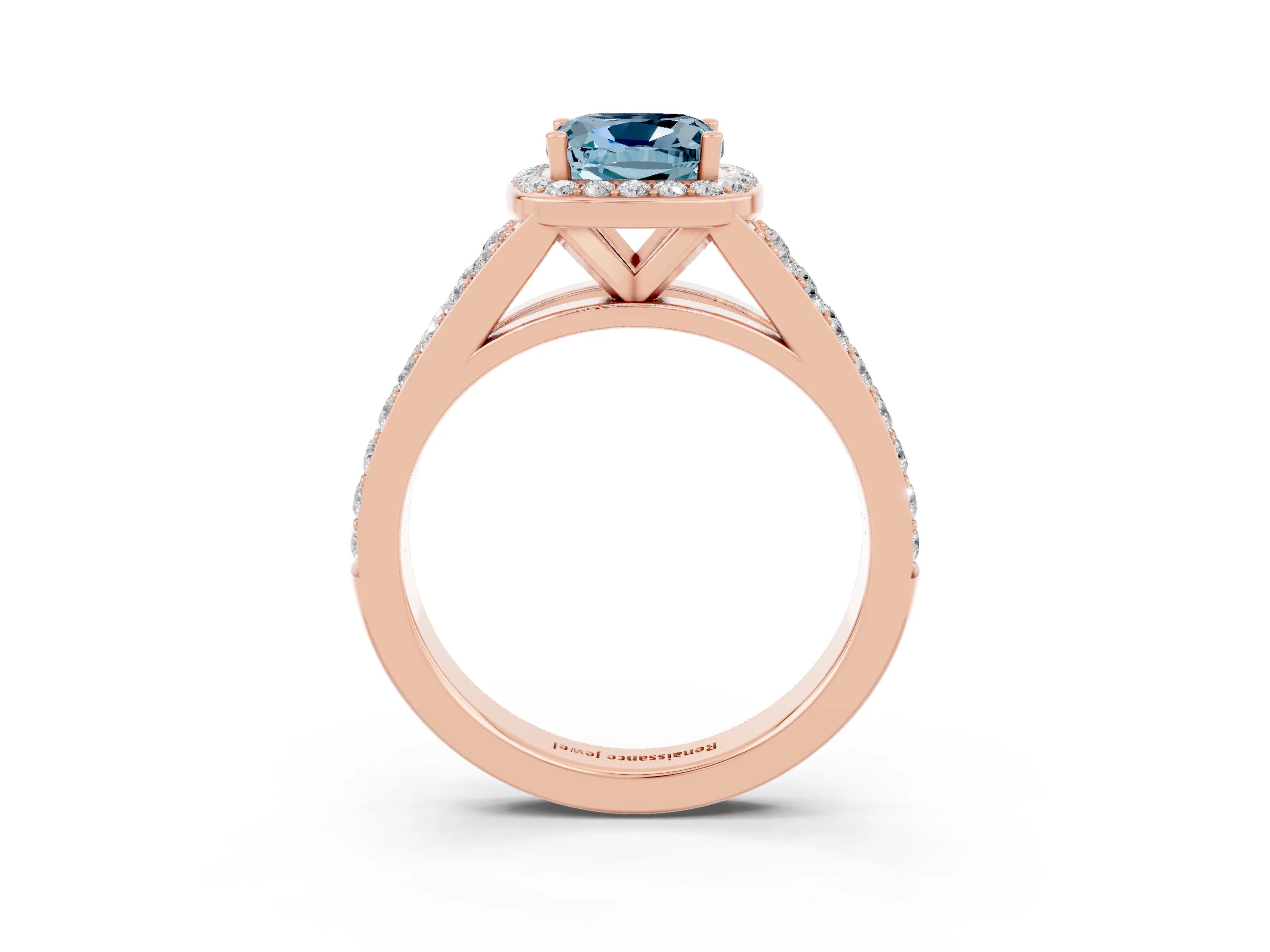 Rose gold Cushion Cut Aquamarine Split Shank Halo Ring with Four-Prong Setting_15
