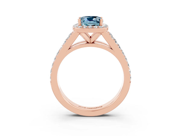 Rose gold Cushion Cut Aquamarine Split Shank Halo Ring with Four-Prong Setting