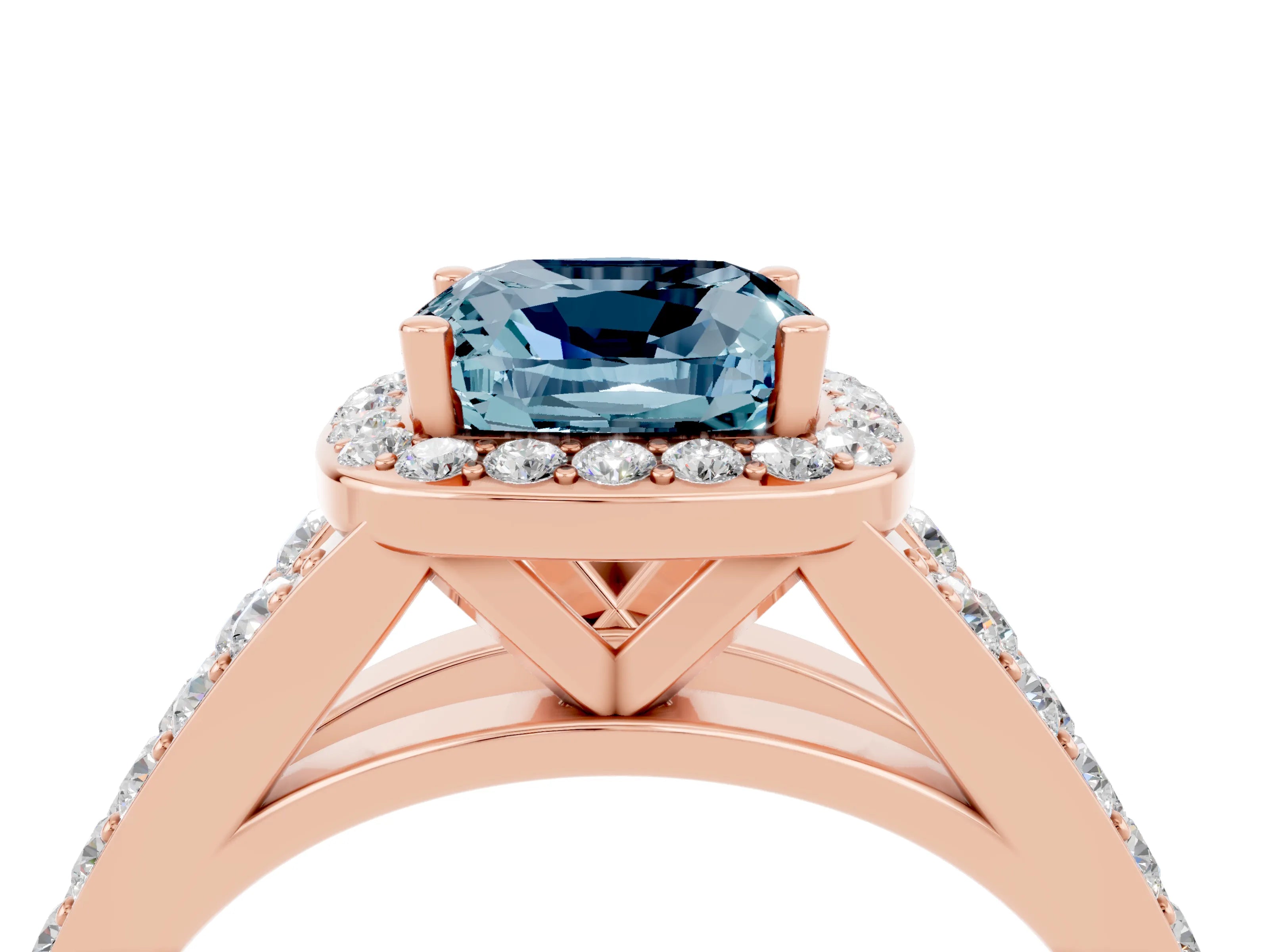 Rose gold Cushion Cut Aquamarine Split Shank Halo Ring with Four-Prong Setting_16