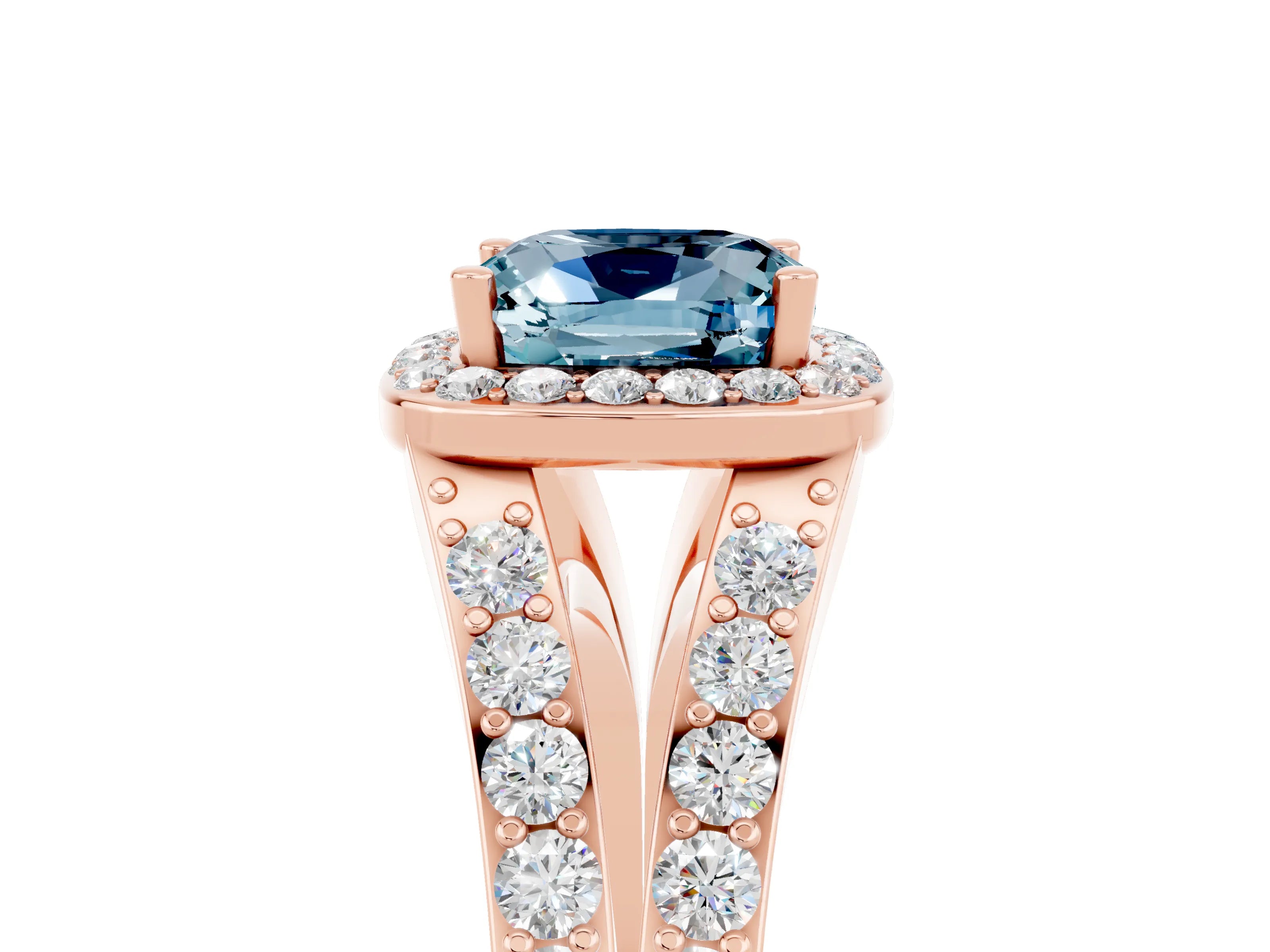Rose gold Cushion Cut Aquamarine Split Shank Halo Ring with Four-Prong Setting_17