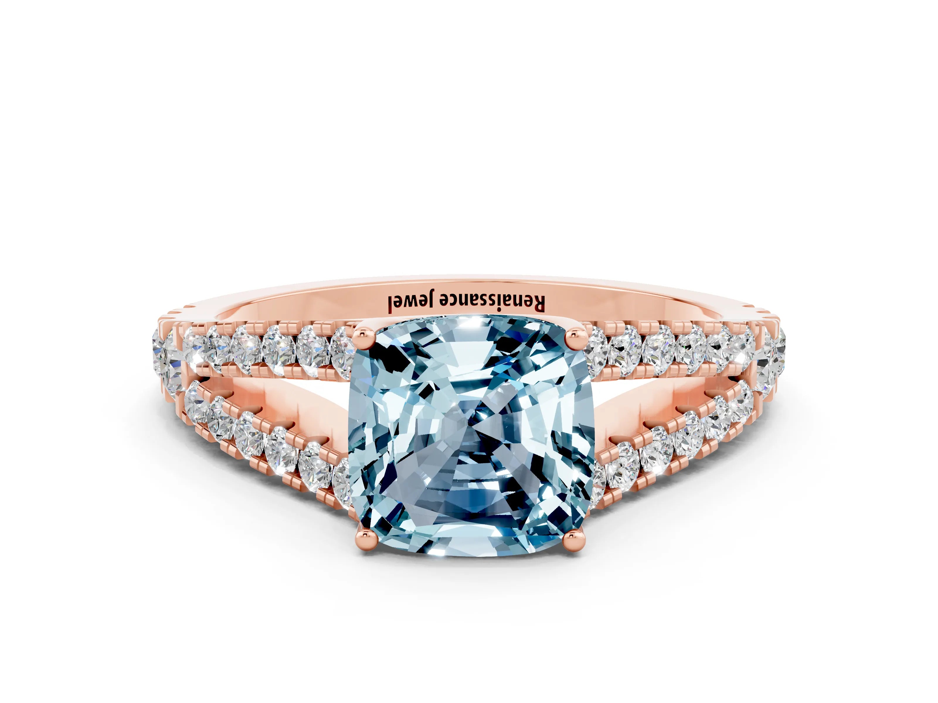 Rose gold Cushion Cut Aquamarine Split Shank Pavé Engagement Ring with Four-Prong Setting_12