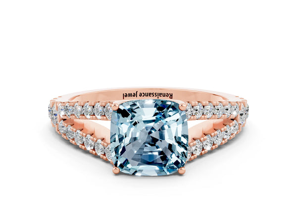 Rose gold Cushion Cut Aquamarine Split Shank Pavé Engagement Ring with Four-Prong Setting