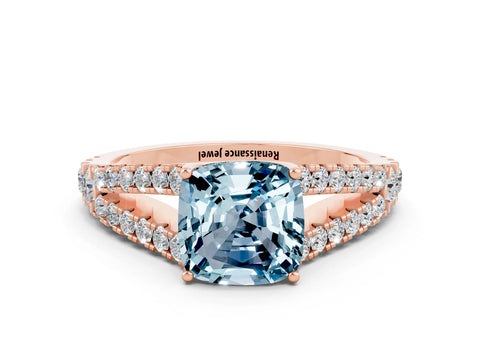 Rose gold Cushion Cut Aquamarine Split Shank Pavé Engagement Ring with Four-Prong Setting_12