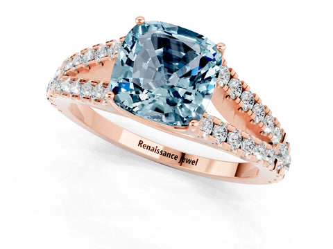 Rose gold Cushion Cut Aquamarine Split Shank Pavé Engagement Ring with Four-Prong Setting_13