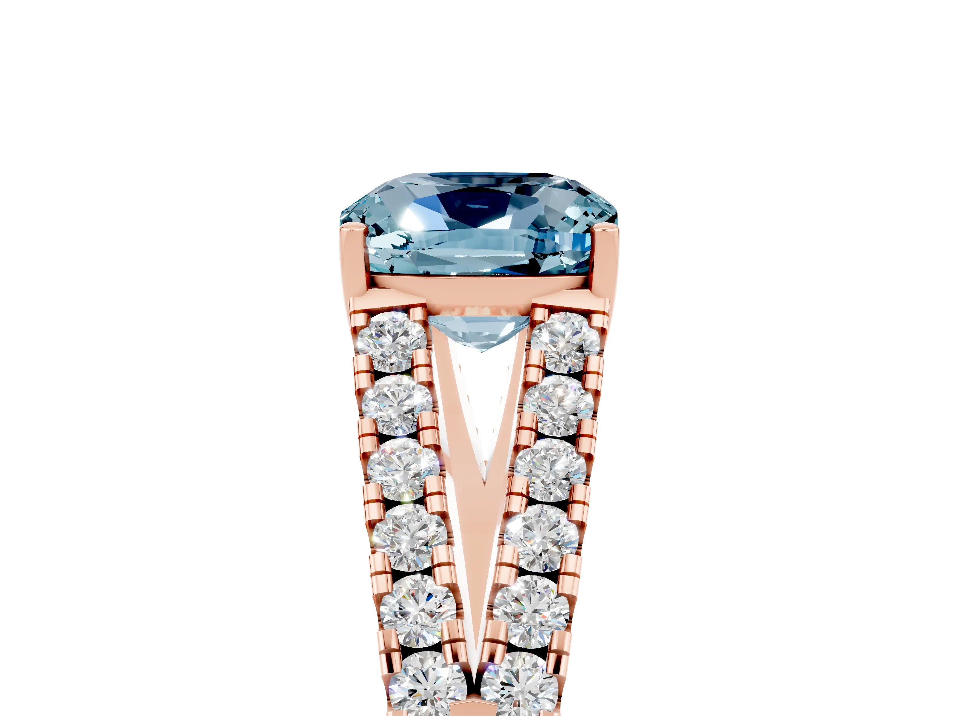 Rose gold Cushion Cut Aquamarine Split Shank Pavé Engagement Ring with Four-Prong Setting_17