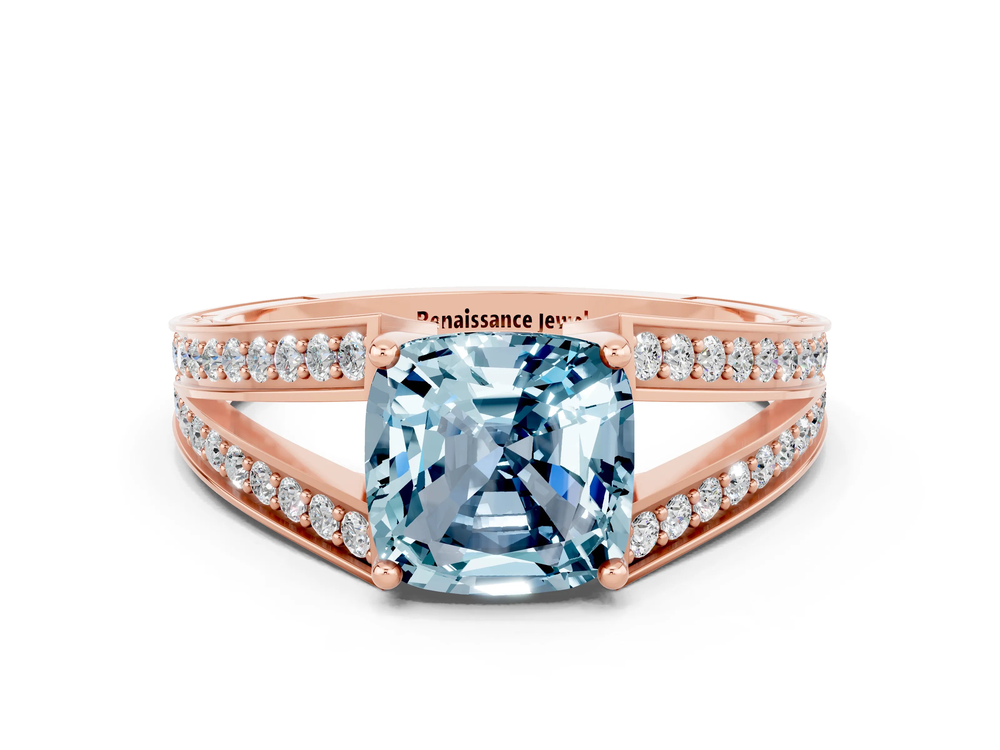 Rose gold Cushion Cut Aquamarine Split Shank Ring with Pavé Band and Four-Prong Setting