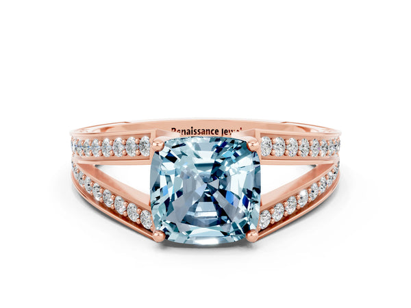 Rose gold Cushion Cut Aquamarine Split Shank Ring with Pavé Band and Four-Prong Setting