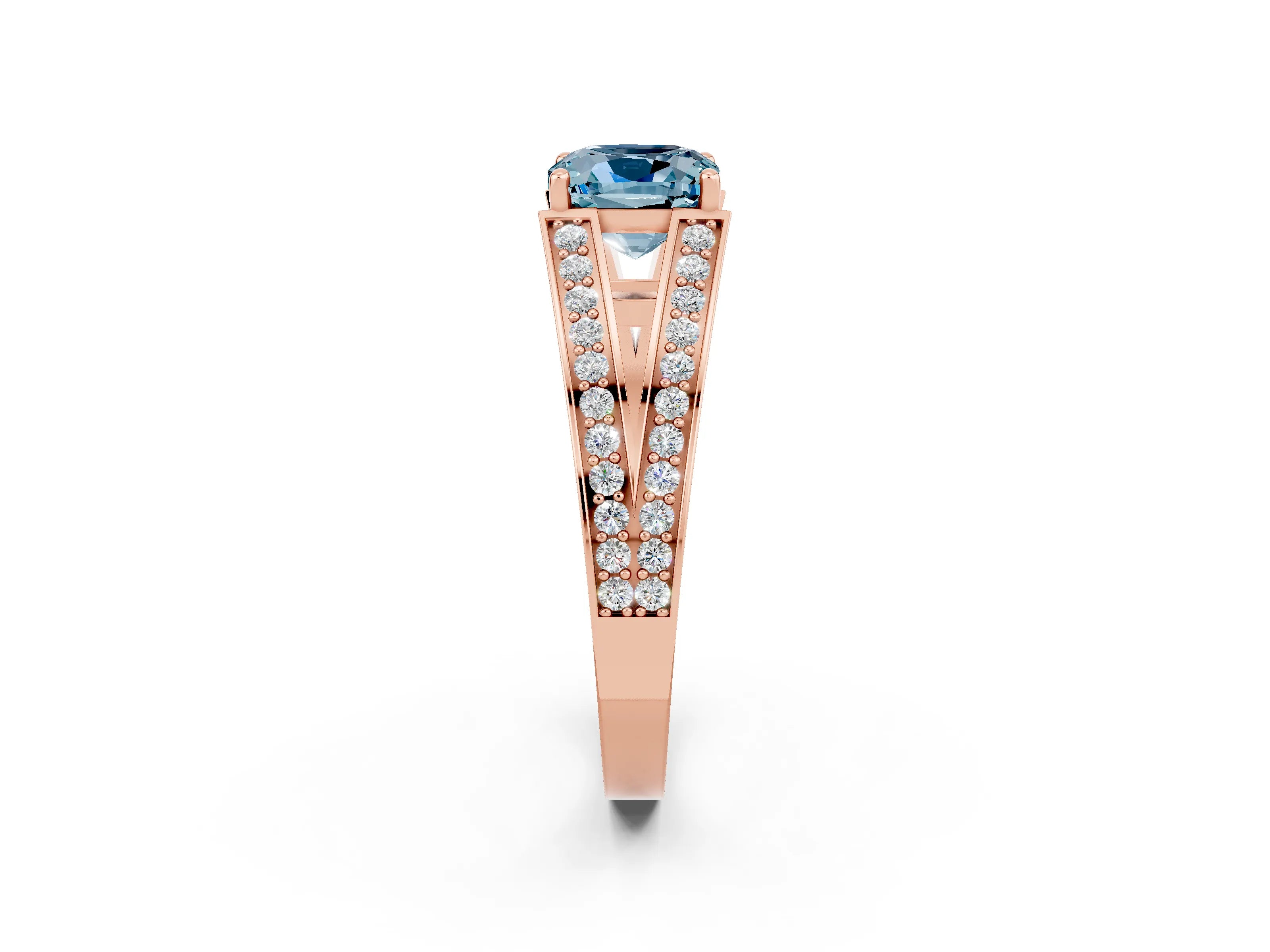Rose gold Cushion Cut Aquamarine Split Shank Ring with Pavé Band and Four-Prong Setting_2