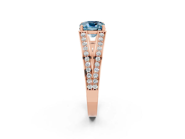 Rose gold Cushion Cut Aquamarine Split Shank Ring with Pavé Band and Four-Prong Setting