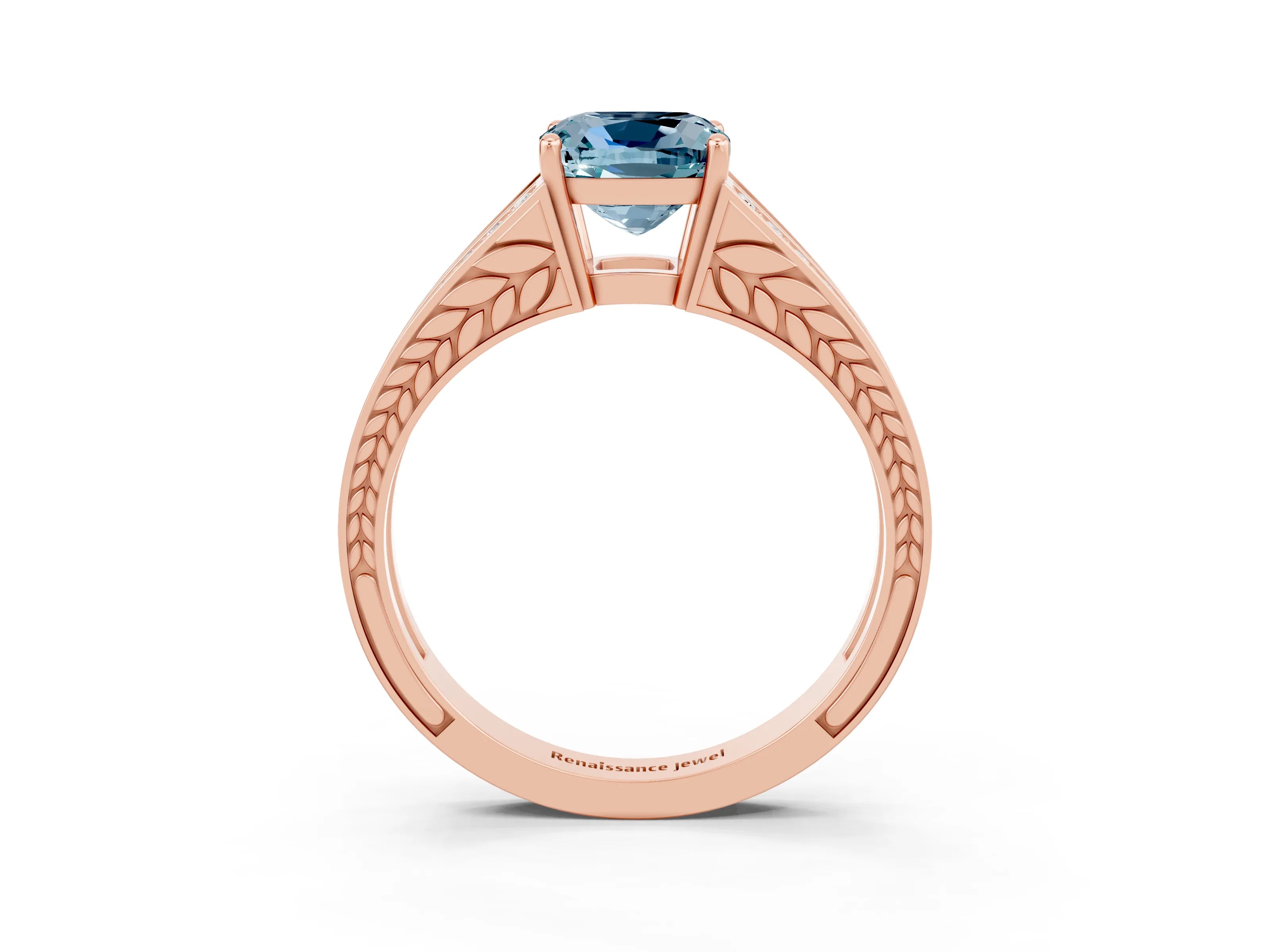 Rose gold Cushion Cut Aquamarine Split Shank Ring with Pavé Band and Four-Prong Setting_3