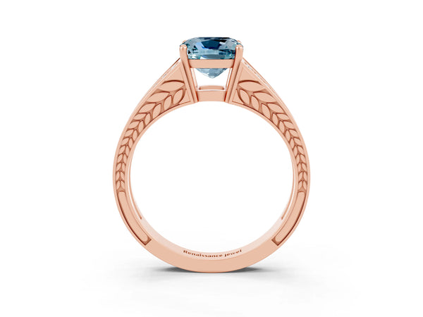 Rose gold Cushion Cut Aquamarine Split Shank Ring with Pavé Band and Four-Prong Setting