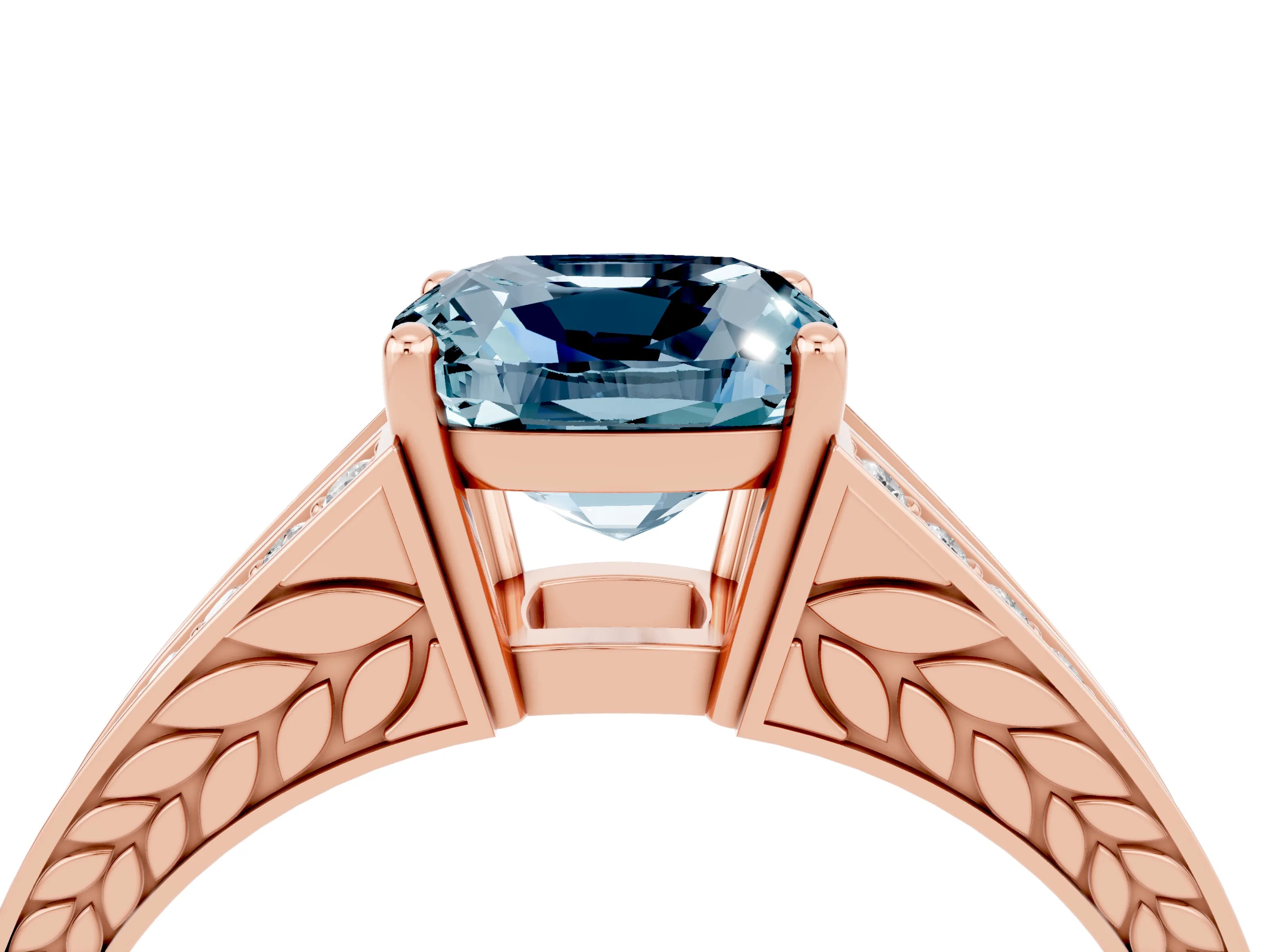 Rose gold Cushion Cut Aquamarine Split Shank Ring with Pavé Band and Four-Prong Setting_4