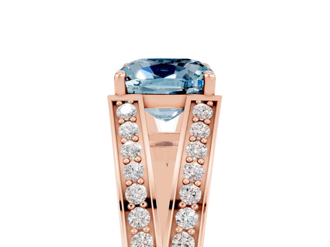 Rose gold Cushion Cut Aquamarine Split Shank Ring with Pavé Band and Four-Prong Setting_5