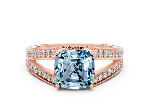 Rose gold Cushion Cut Aquamarine Split Shank Ring with Pavé Band and Four-Prong Setting
