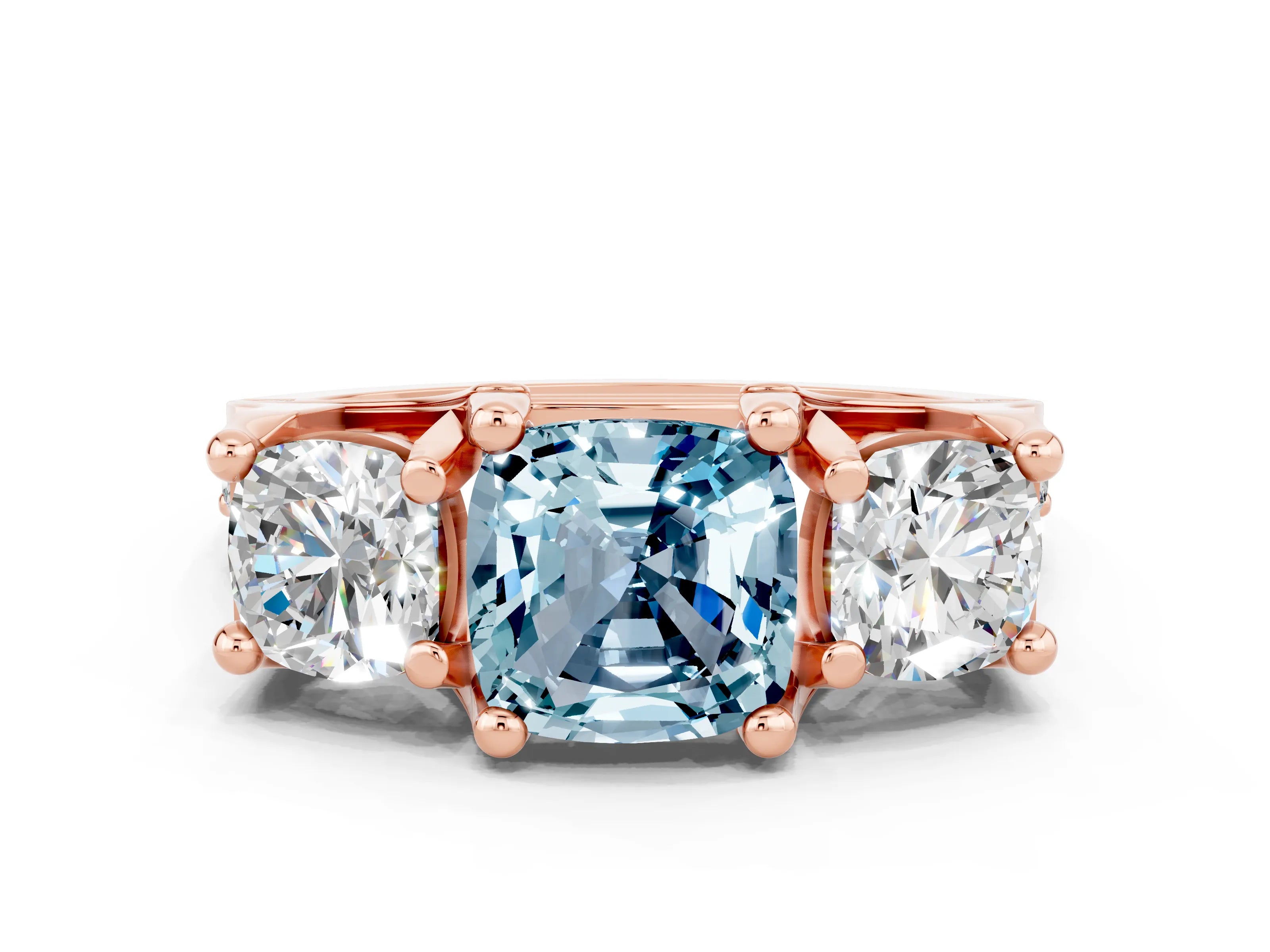 Rose gold Cushion Cut Aquamarine Three-Stone Ring with Channel Set Band and Four-Prong Setting