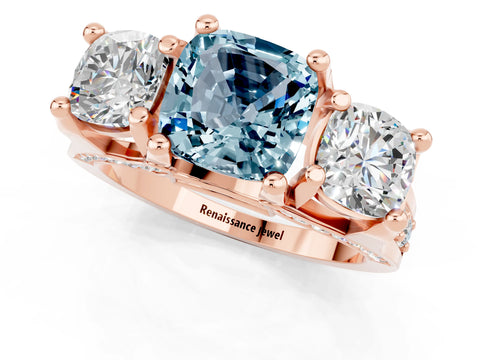 Rose gold Cushion Cut Aquamarine Three-Stone Ring with Channel Set Band and Four-Prong Setting_1