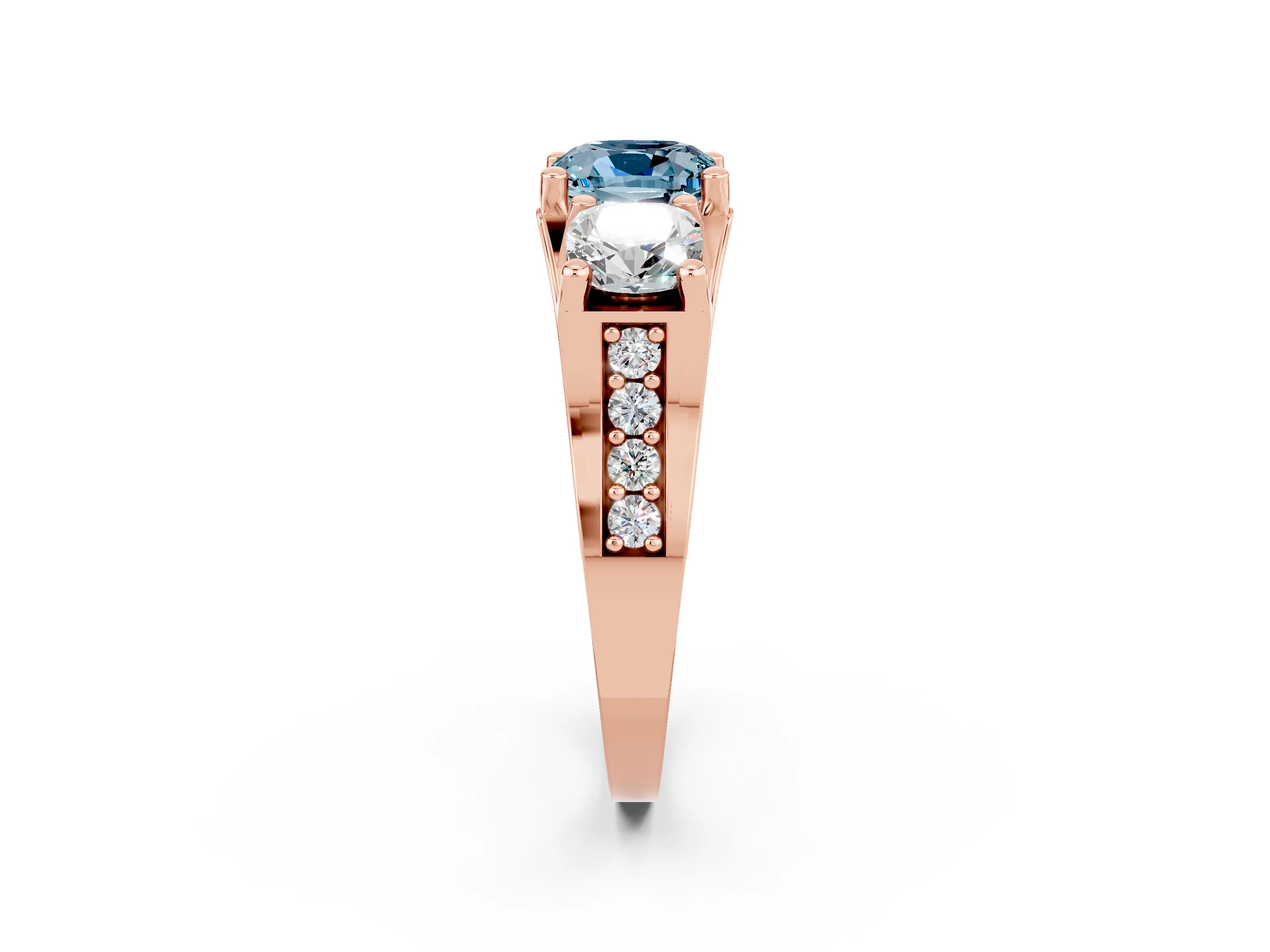 Rose gold Cushion Cut Aquamarine Three-Stone Ring with Channel Set Band and Four-Prong Setting_2