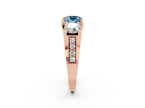 Rose gold Cushion Cut Aquamarine Three-Stone Ring with Channel Set Band and Four-Prong Setting_2
