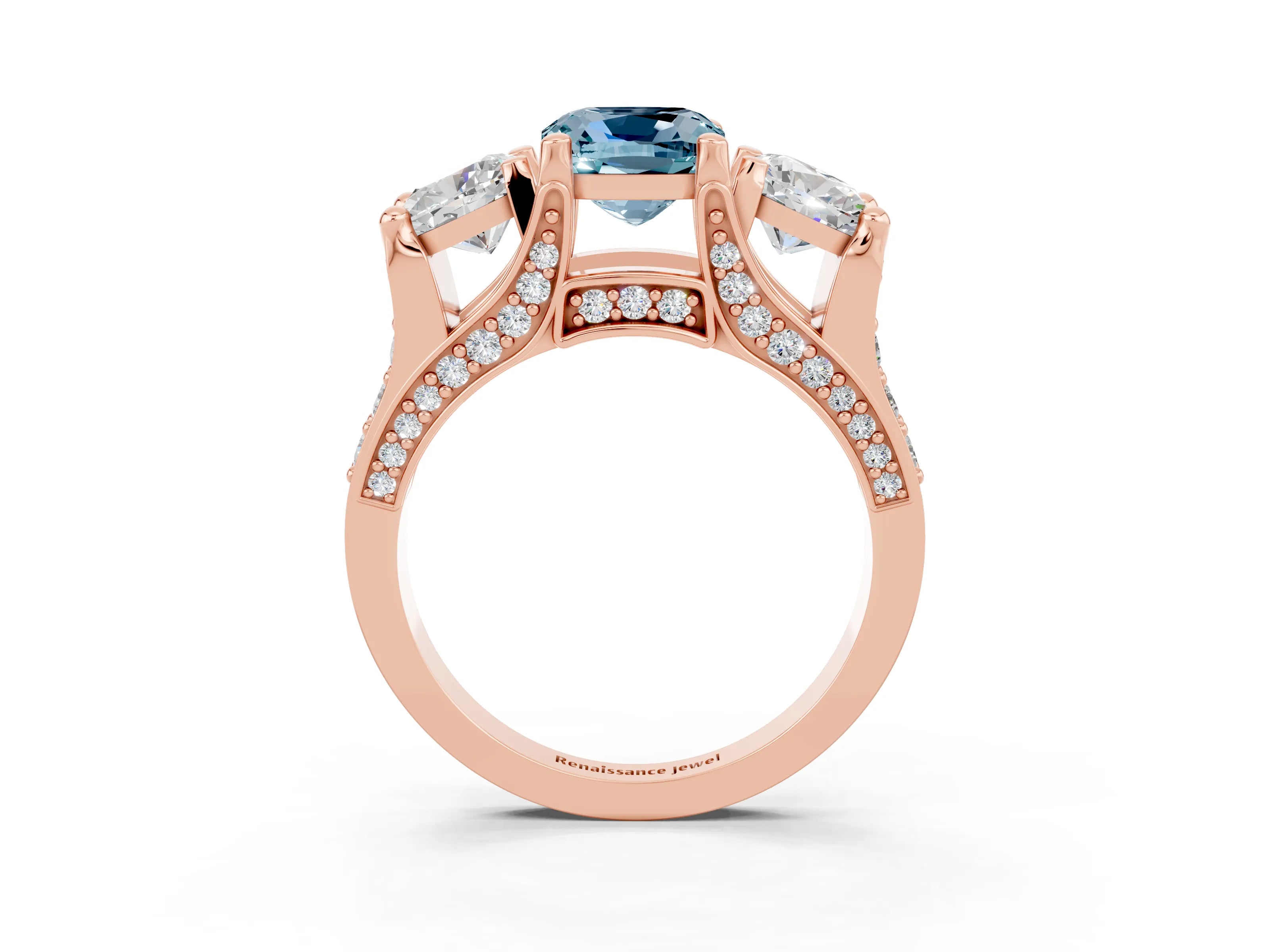 Rose gold Cushion Cut Aquamarine Three-Stone Ring with Channel Set Band and Four-Prong Setting_3