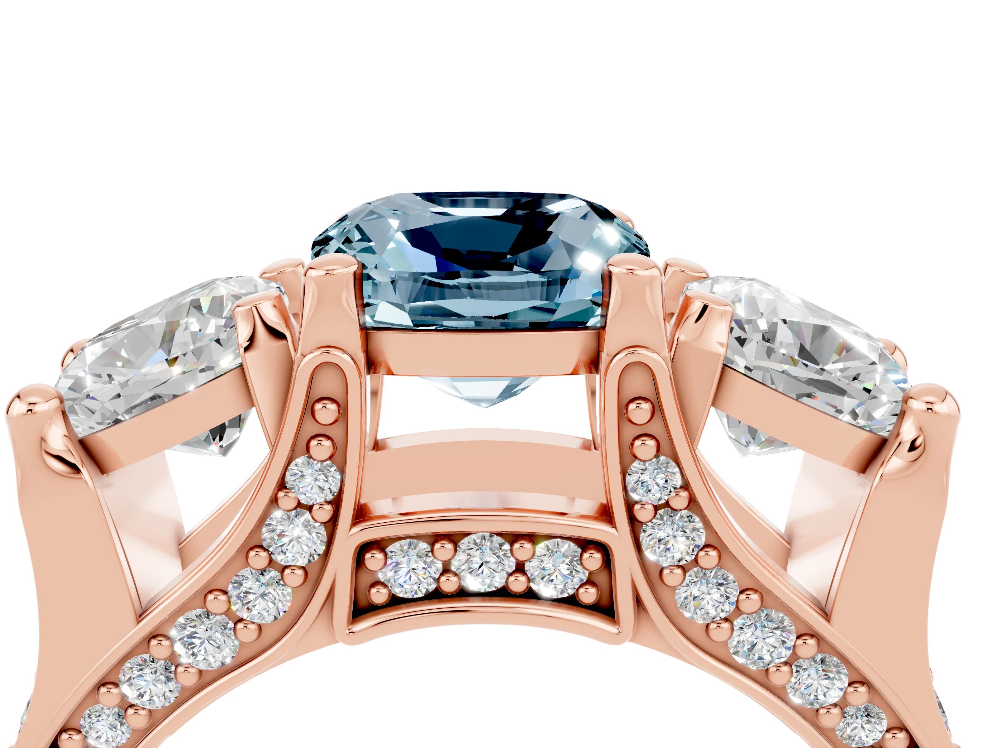 Rose gold Cushion Cut Aquamarine Three-Stone Ring with Channel Set Band and Four-Prong Setting_4