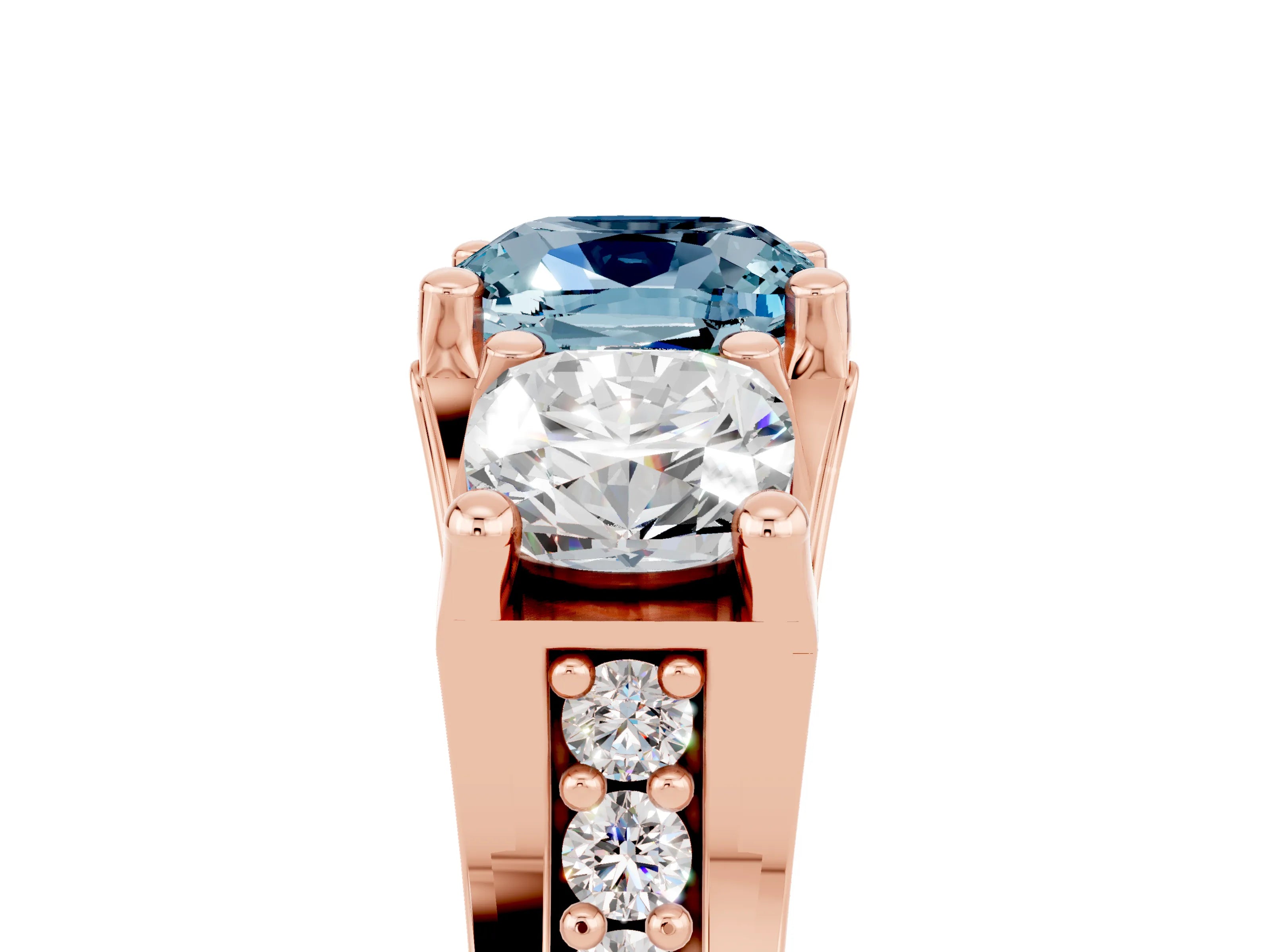Rose gold Cushion Cut Aquamarine Three-Stone Ring with Channel Set Band and Four-Prong Setting_5