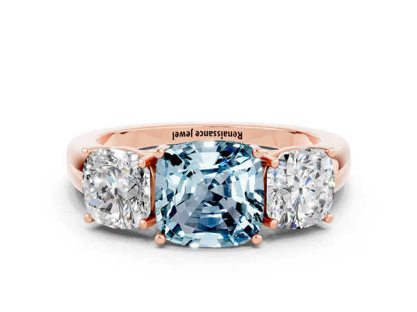 Rose gold Cushion Cut Aquamarine Three-Stone Ring with Four-Prong Setting and Classic Band