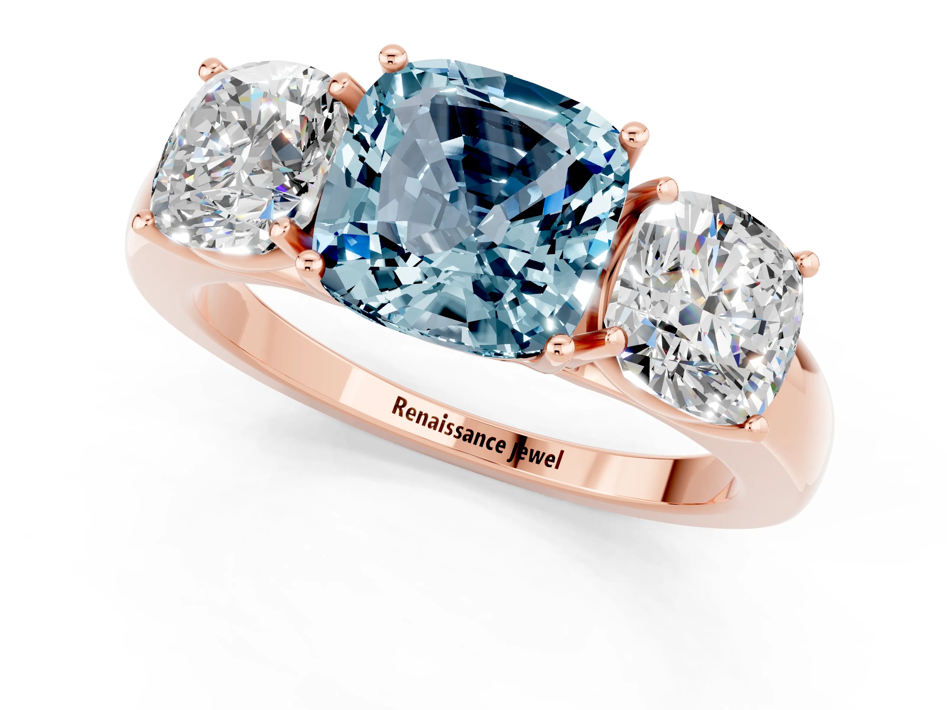 Rose gold Cushion Cut Aquamarine Three-Stone Ring with Four-Prong Setting and Classic Band_1