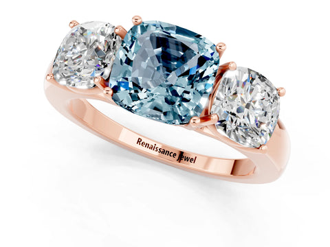 Rose gold Cushion Cut Aquamarine Three-Stone Ring with Four-Prong Setting and Classic Band_1