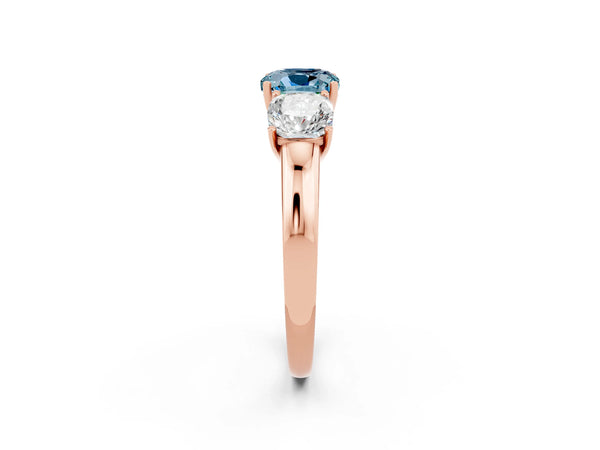 Rose gold Cushion Cut Aquamarine Three-Stone Ring with Four-Prong Setting and Classic Band