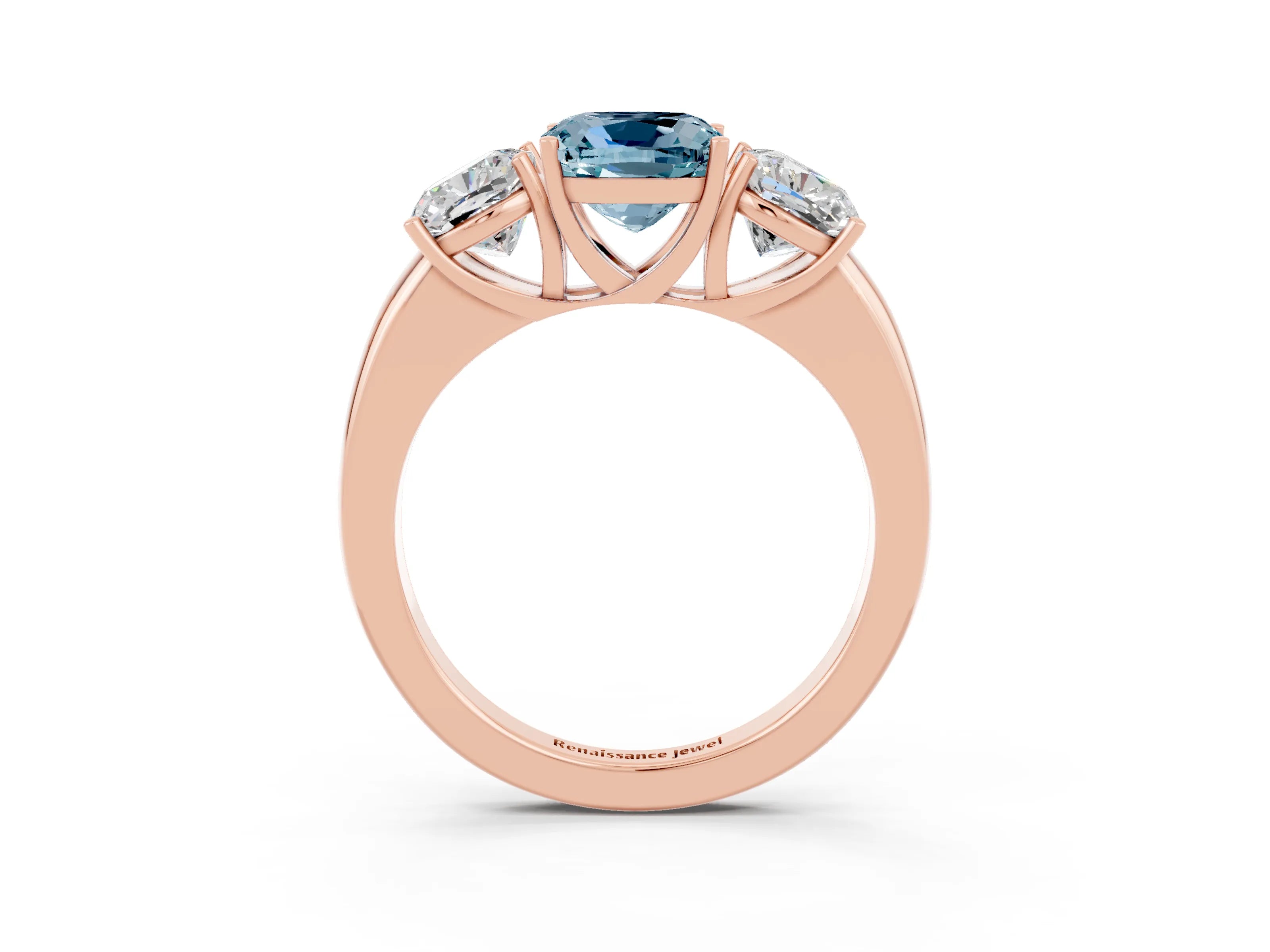 Rose gold Cushion Cut Aquamarine Three-Stone Ring with Four-Prong Setting and Classic Band_3