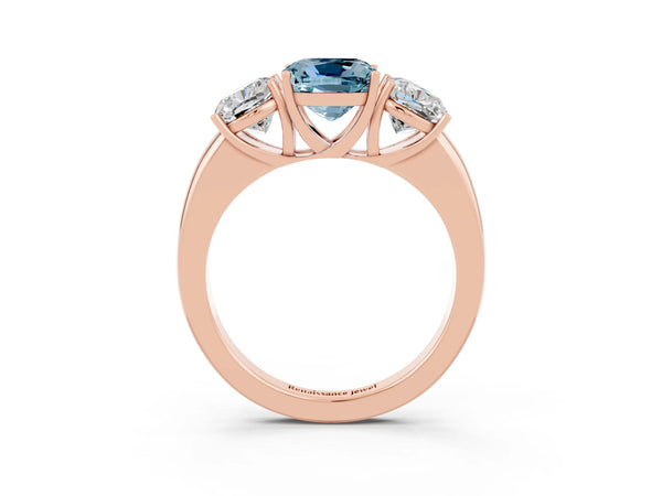 Rose gold Cushion Cut Aquamarine Three-Stone Ring with Four-Prong Setting and Classic Band