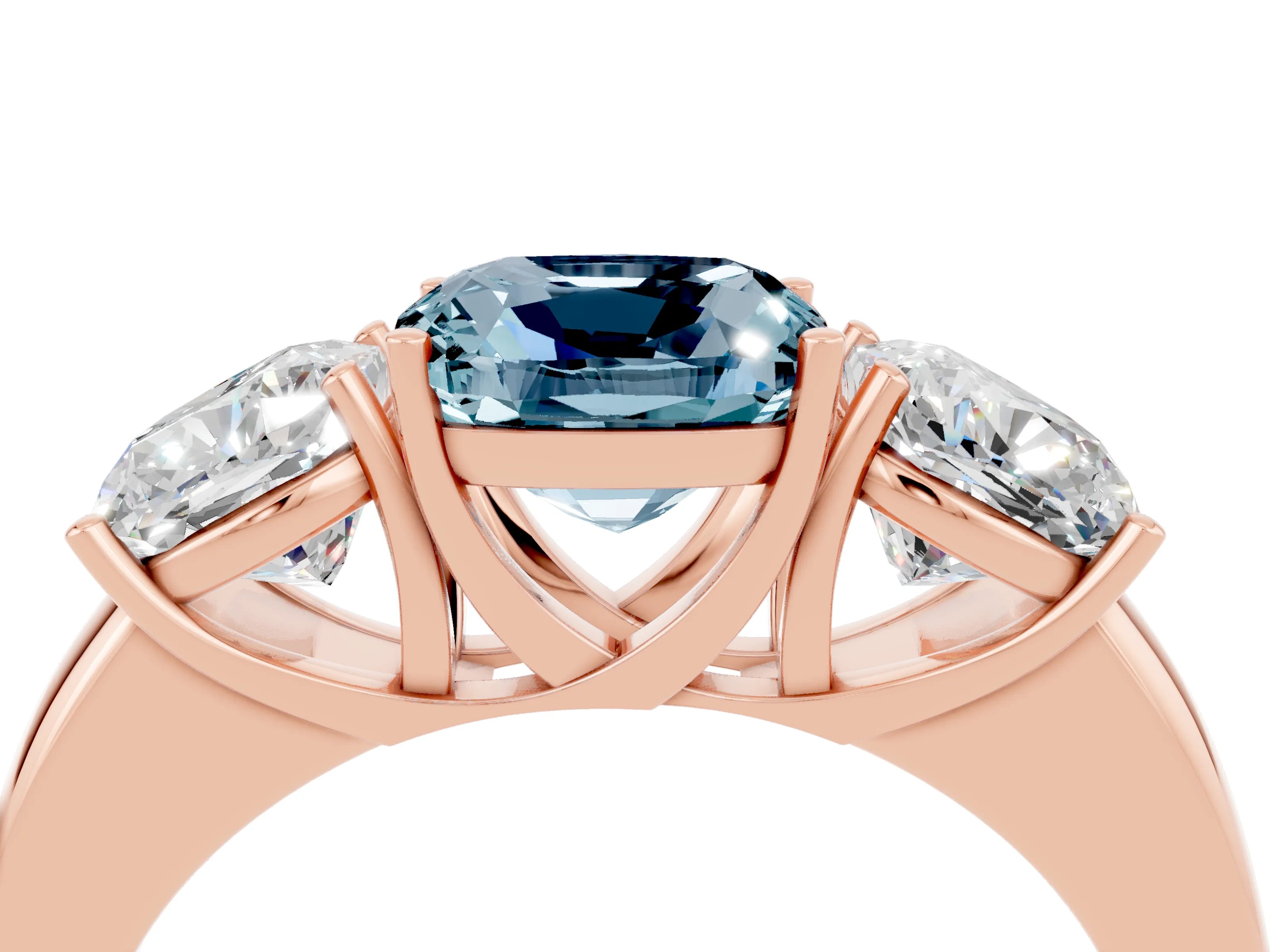 Rose gold Cushion Cut Aquamarine Three-Stone Ring with Four-Prong Setting and Classic Band_4