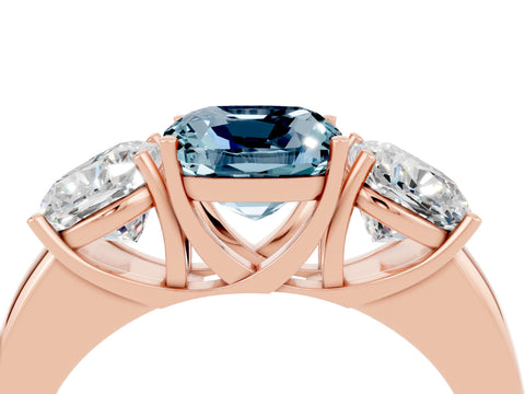 Rose gold Cushion Cut Aquamarine Three-Stone Ring with Four-Prong Setting and Classic Band_4