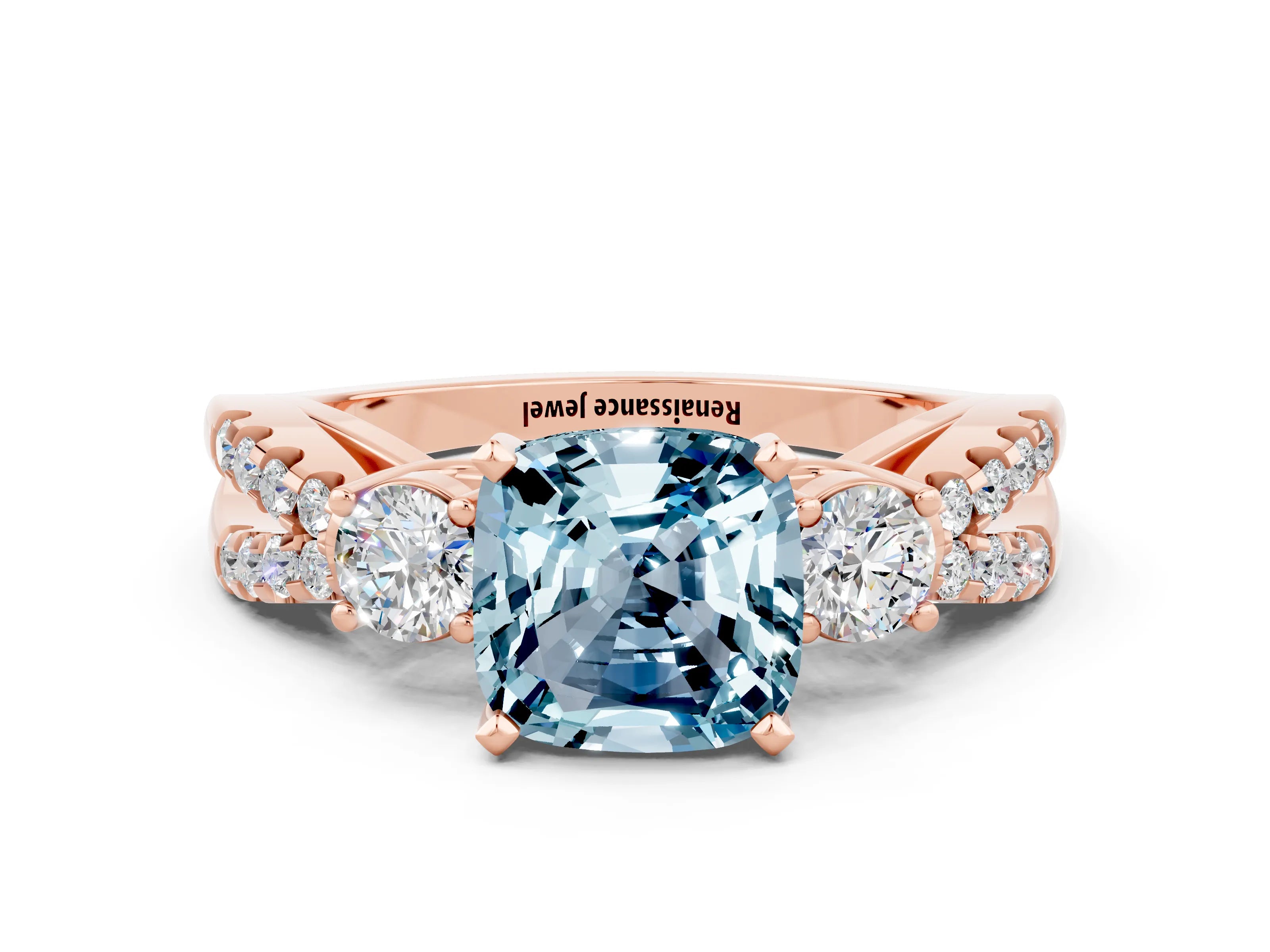 Rose gold Cushion Cut Aquamarine Three-Stone Ring with Pavé Split Shank and Four-Prong Setting_12