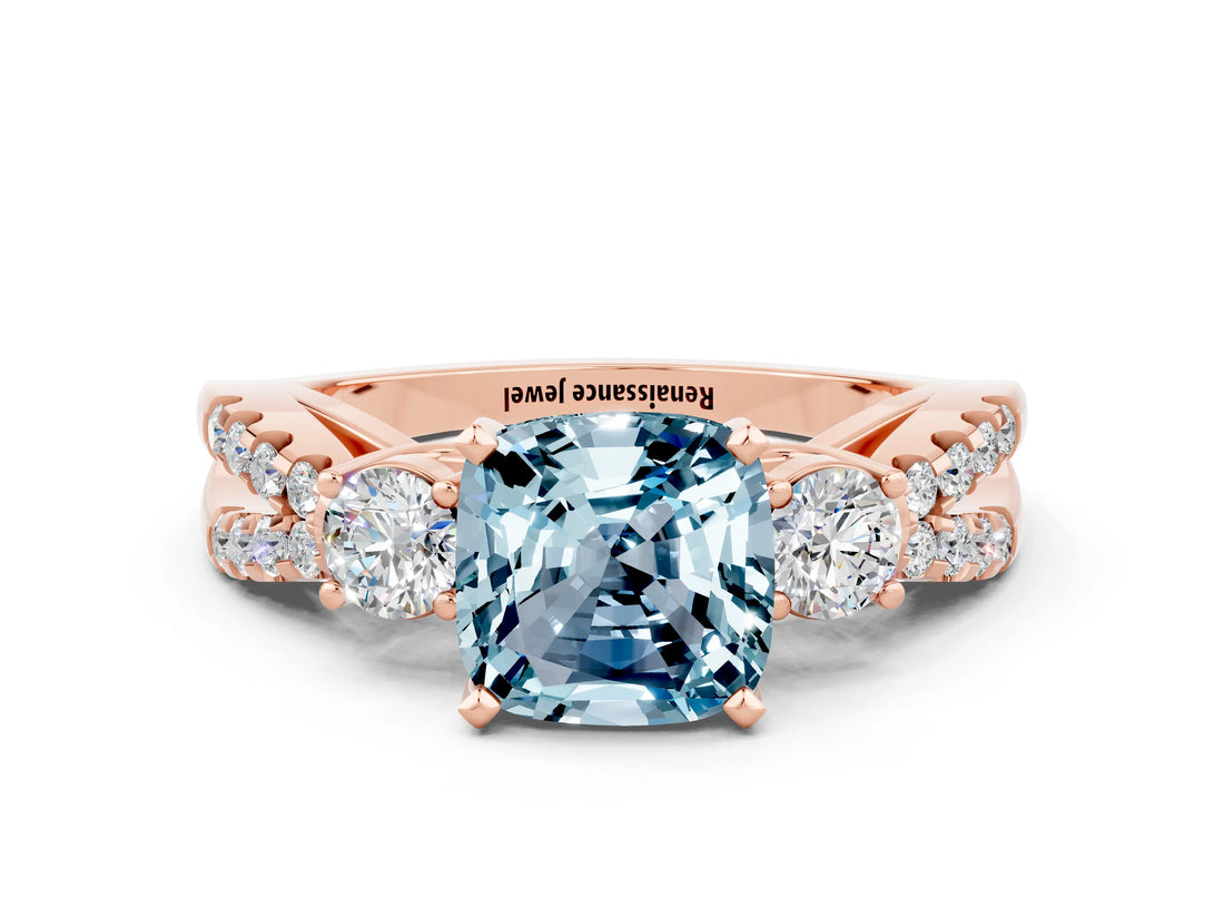 Rose gold Cushion Cut Aquamarine Three-Stone Ring with Pavé Split Shank and Four-Prong Setting_12