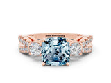 Rose gold Cushion Cut Aquamarine Three-Stone Ring with Pavé Split Shank and Four-Prong Setting_12