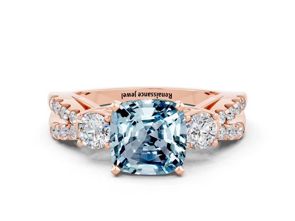 Rose gold Cushion Cut Aquamarine Three-Stone Ring with Pavé Split Shank and Four-Prong Setting
