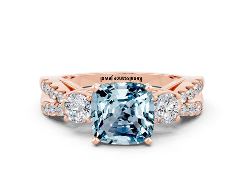 Rose gold Cushion Cut Aquamarine Three-Stone Ring with Pavé Split Shank and Four-Prong Setting_12