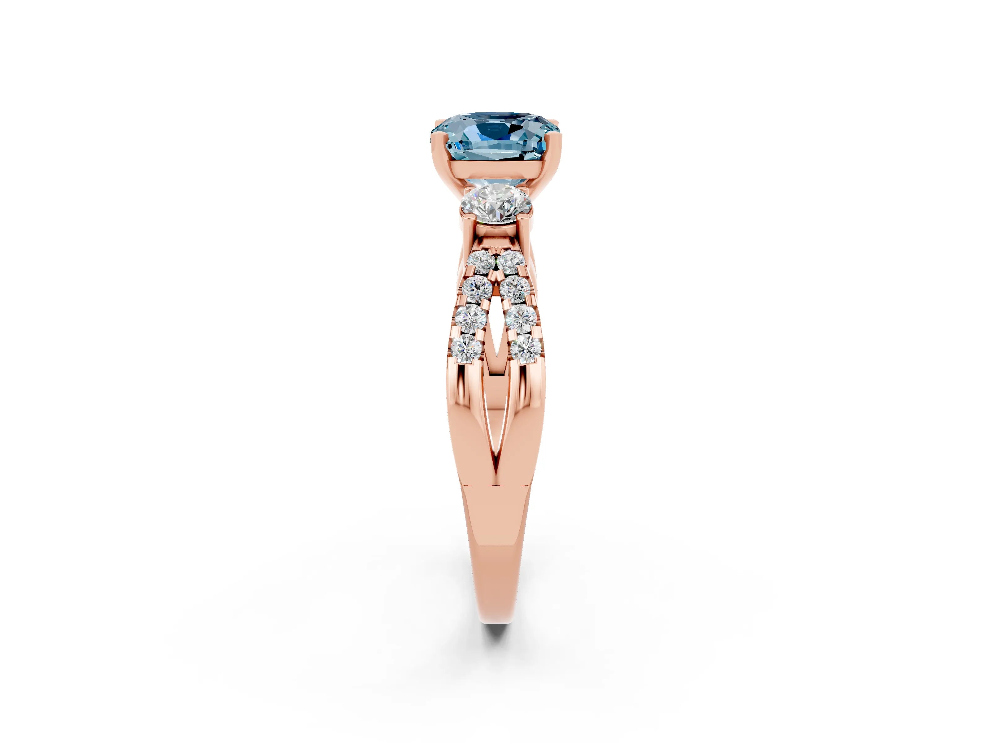 Rose gold Cushion Cut Aquamarine Three-Stone Ring with Pavé Split Shank and Four-Prong Setting_14