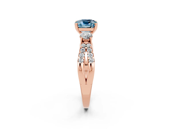 Rose gold Cushion Cut Aquamarine Three-Stone Ring with Pavé Split Shank and Four-Prong Setting