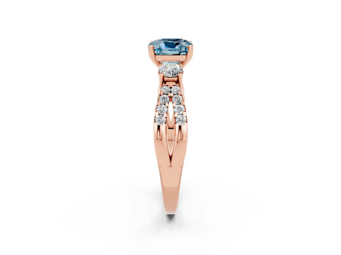 Rose gold Cushion Cut Aquamarine Three-Stone Ring with Pavé Split Shank and Four-Prong Setting_14