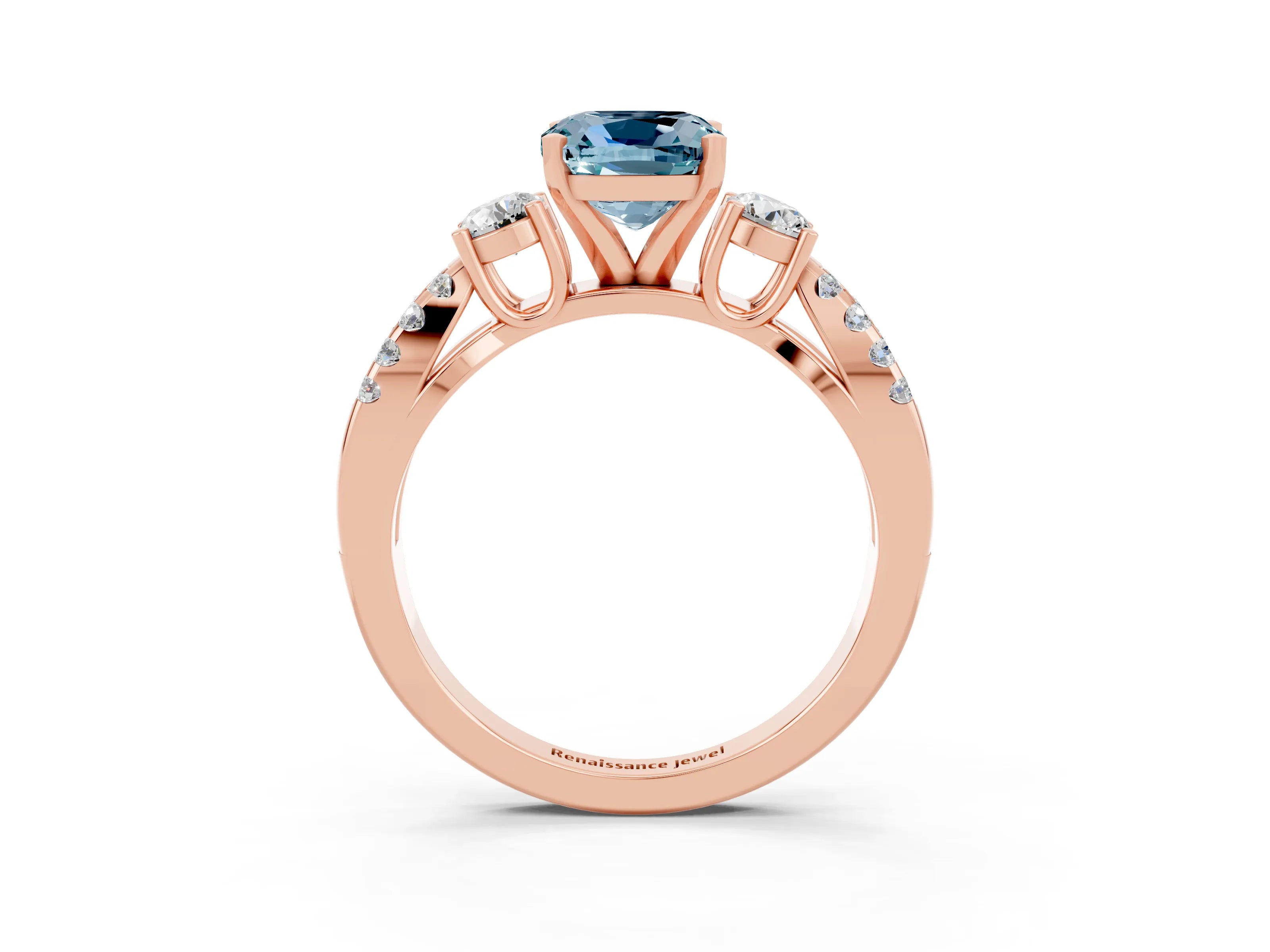 Rose gold Cushion Cut Aquamarine Three-Stone Ring with Pavé Split Shank and Four-Prong Setting_15