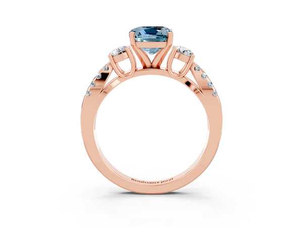 Rose gold Cushion Cut Aquamarine Three-Stone Ring with Pavé Split Shank and Four-Prong Setting