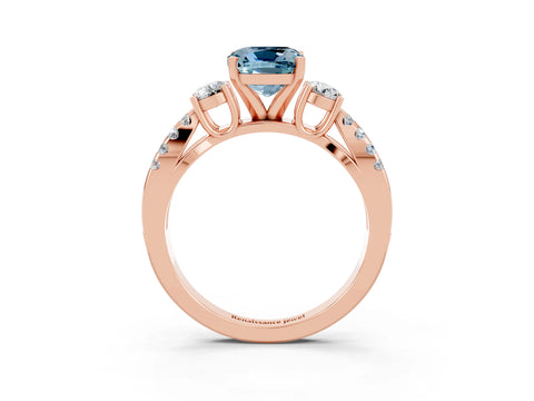 Rose gold Cushion Cut Aquamarine Three-Stone Ring with Pavé Split Shank and Four-Prong Setting_15