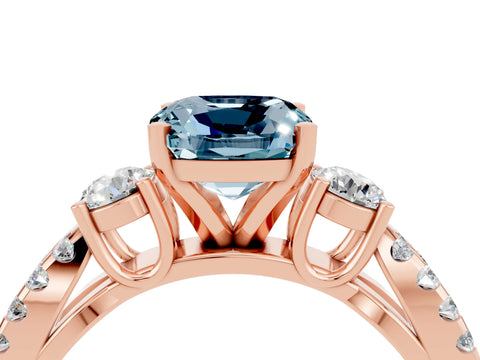 Rose gold Cushion Cut Aquamarine Three-Stone Ring with Pavé Split Shank and Four-Prong Setting_16