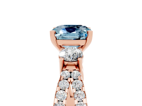 Rose gold Cushion Cut Aquamarine Three-Stone Ring with Pavé Split Shank and Four-Prong Setting_17